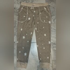 Live Love Lounge Pants Womens Med Tan White Star Print Drawstring Soft Cozy